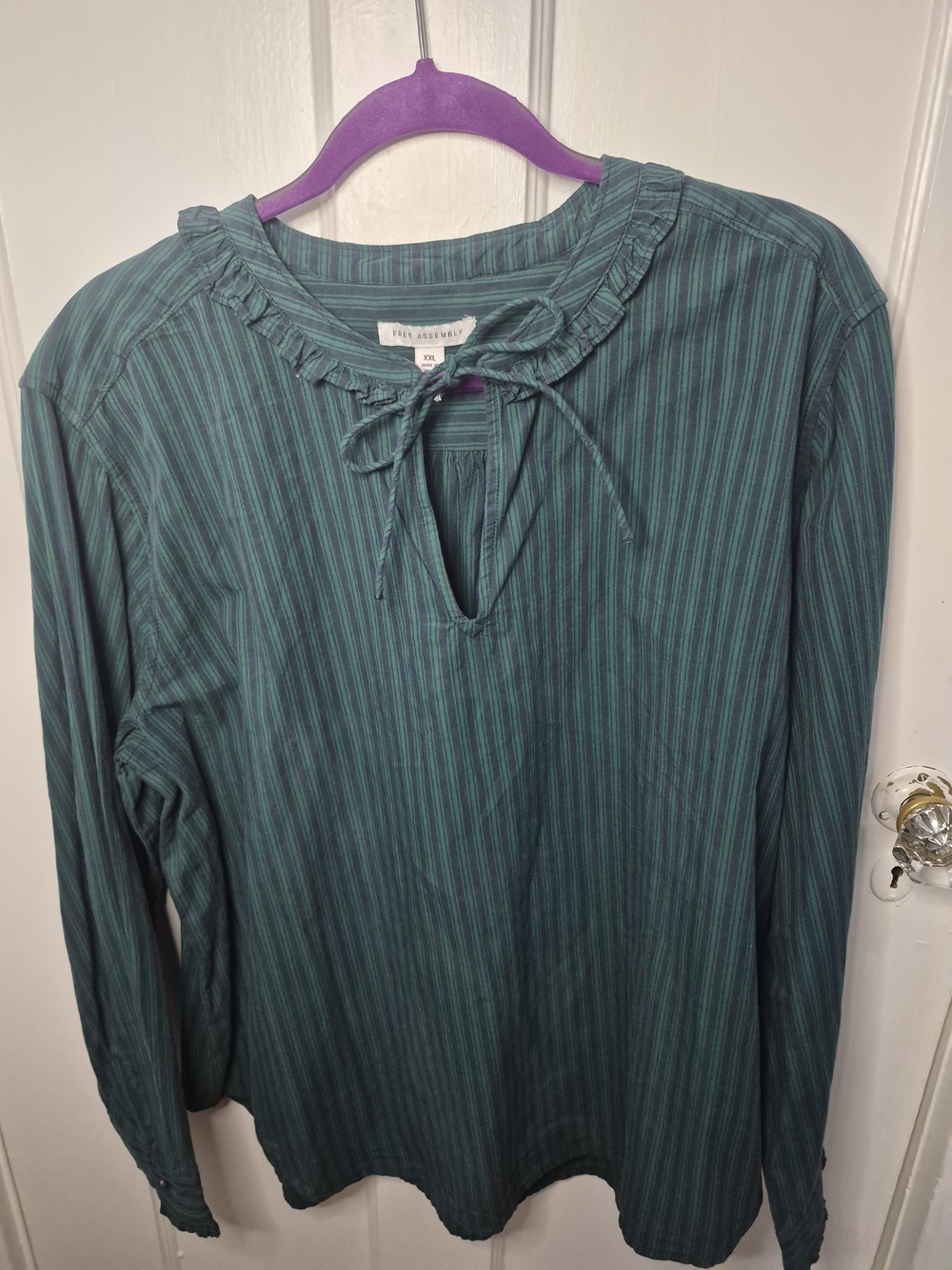 Green Striped Ruffle Tie-Neck Blouse - Free Assembly